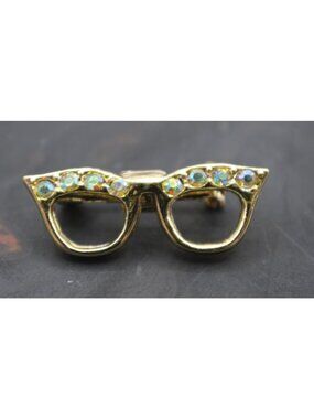 Opalescent Rhinestone Glasses Pin Brooch Retro Style 1.25" Gold-Tone Lapel Hat